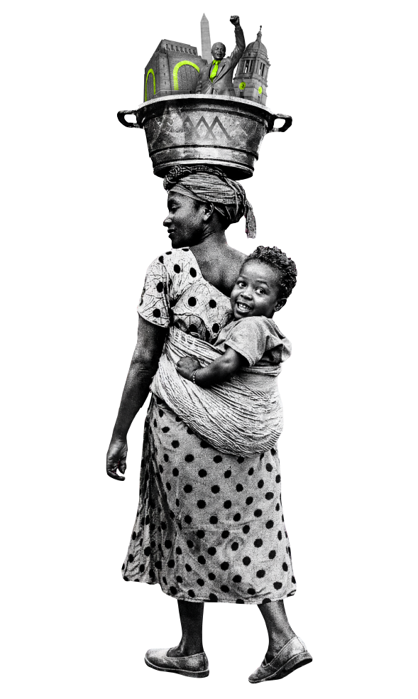Black and white collage of a woman carrying a child with a sculptural city vessel balanced above her head.