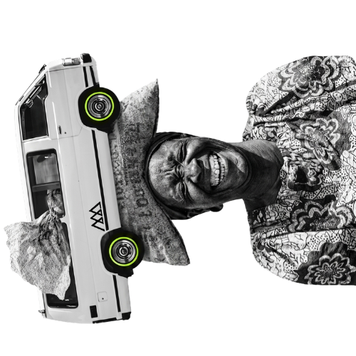 Black and white collage portrait of a smiling woman with a miniature taxi balanced beside her.